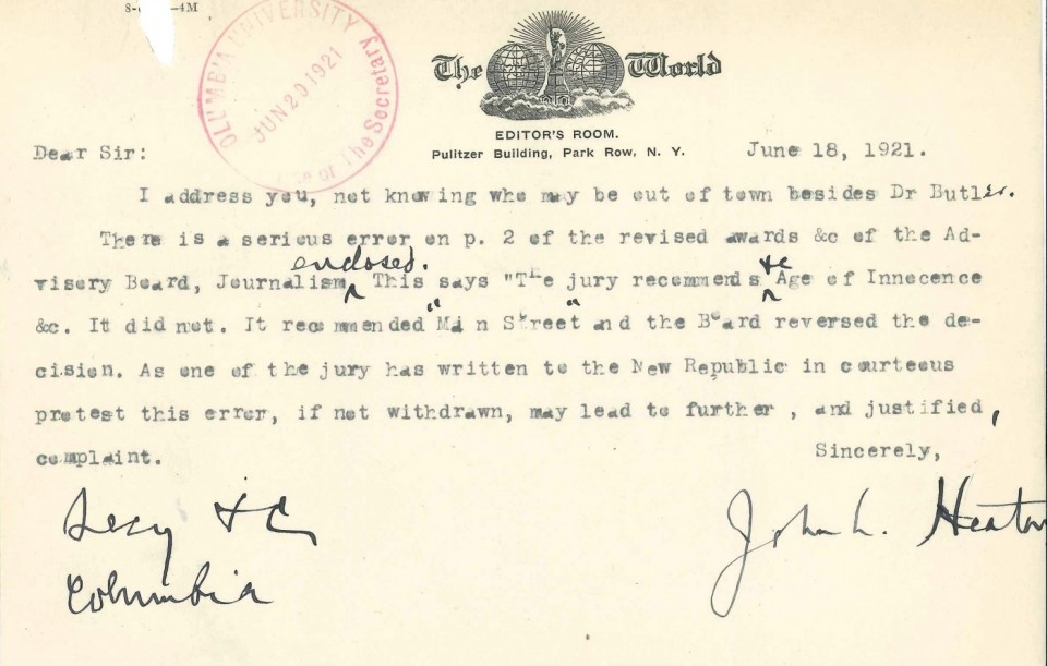Image result for sinclair lewis pulitzer letter