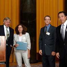 Lee Bollinger, Miriam A. Pawel, Mitchell Landsberg and Sam Enriquez