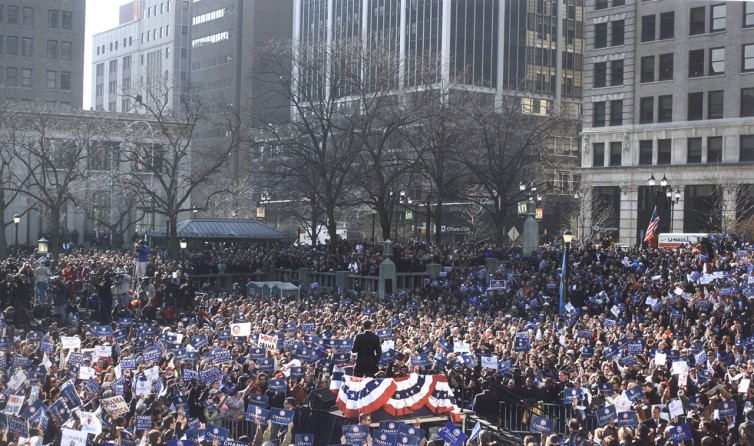 Senator Obama addressing a rally in Rodney Square in downtown Wilmington, Del.