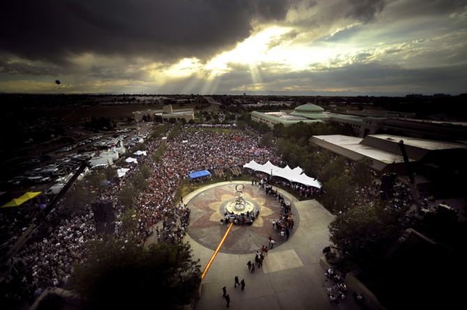 A crowd of thousands converged Sunday, July 22, 2012, at the Aurora Municipal Center to honor the victims of the Century 16 movie theater shooting. (Joe Amon - July 23, 2012