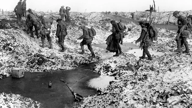 British soldiers negotiate winter landscape along the River Somme in late 1916 Photo: Press Association