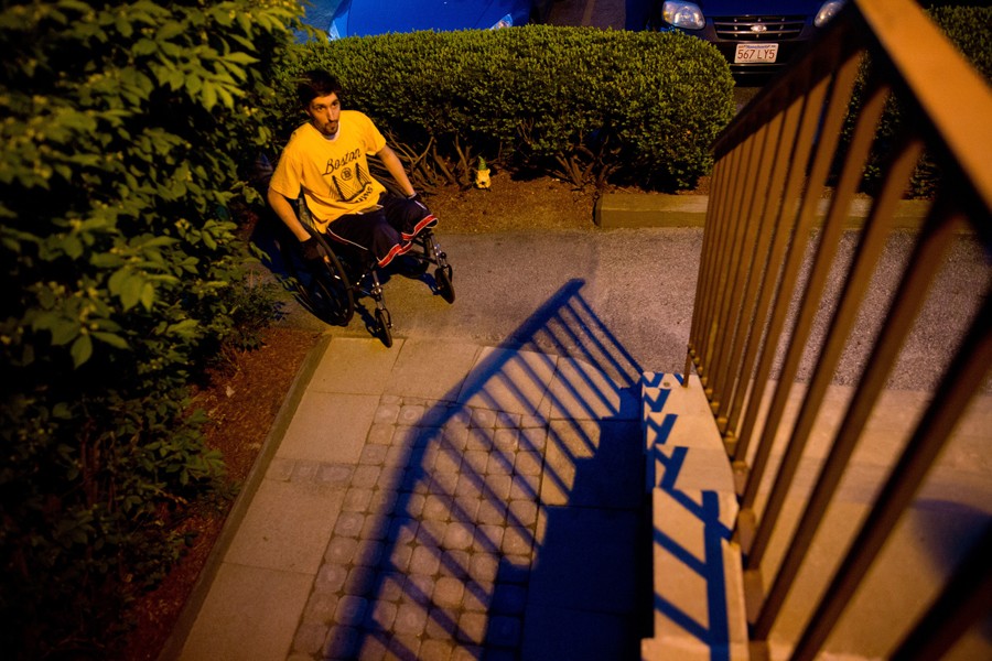 With his energy returning, Bauman was able to get out of the house more. Long stretches in his wheelchair make him sore, and he cannot go up stairs yet. (Josh Haner, The New York Times - May 20, 2013)