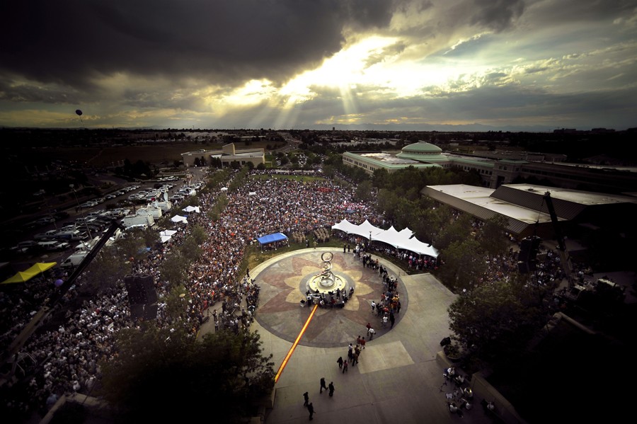 A crowd of thousands converged Sunday, July 22, 2012, at the Aurora Municipal Center to honor the victims of the Century 16 movie theater shooting. (Joe Amon - July 23, 2012